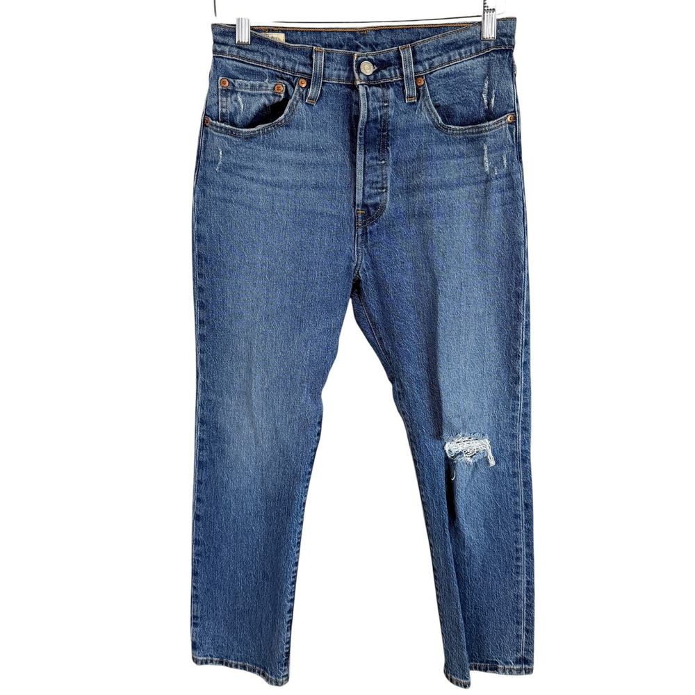 Levi's Premium 501 Jeans Women 28 Blue Distressed High Rise Button Fly Denim